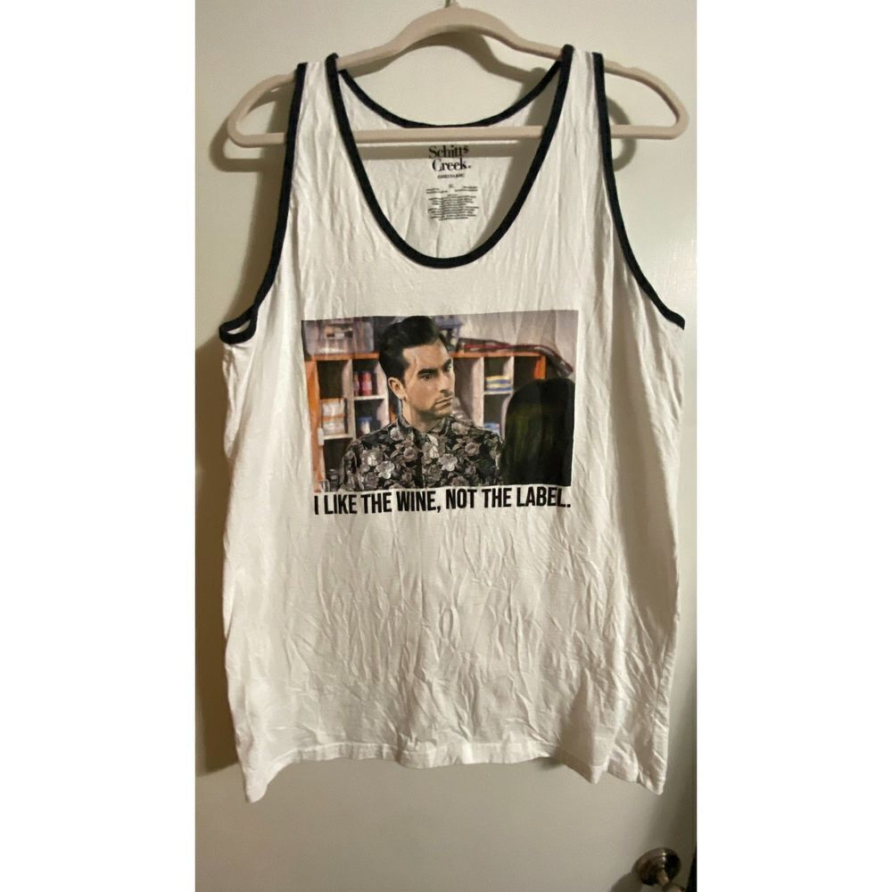 Schitt$ Creek Graphic White Man Tank I like the Wine, Not the Label Adult Sz XL